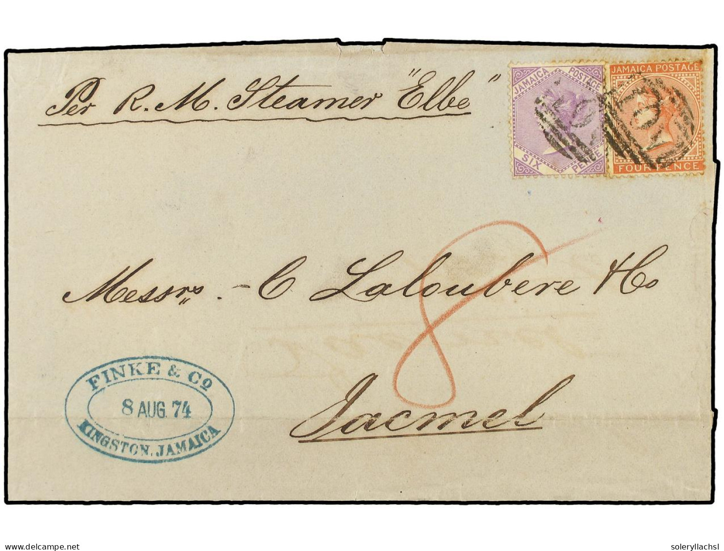 JAMAICA. 1874 (Aug 8). Entire Letter At Double Rate From Kingston To Jacmel, Haiti On Steamer Elbe, With Manuscript '8'  - Sonstige & Ohne Zuordnung