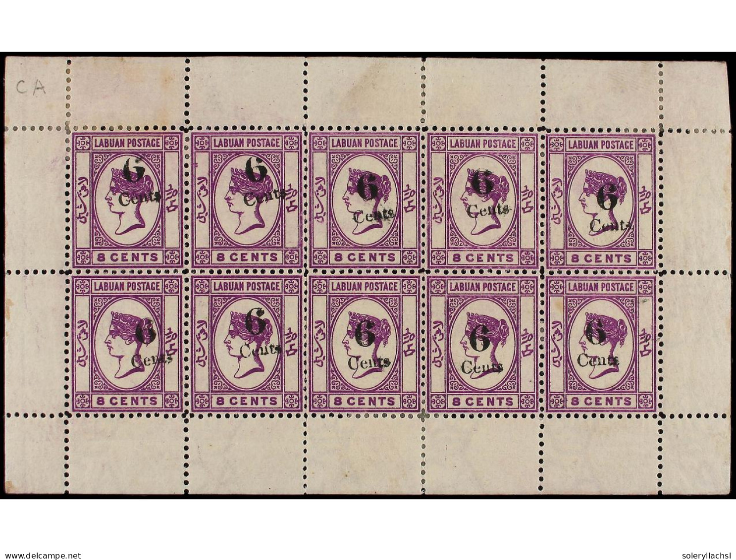 **/* LABUAN. 1891-92. 6 Cents. On 8 Cents. Deep Violet, Sheet Of Ten. Light Toned Gum And Minor Surface Age Stains. Cert - Autres & Non Classés