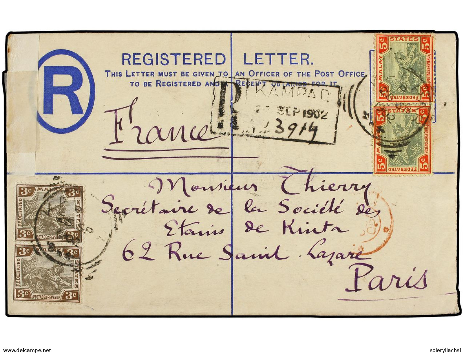 MALAYA: FEDERACION DE ESTADOS. 1902. FMS 5 C. Ultramarine Registered Stationery Envelope Used To PARIS And Up-rated With - Autres & Non Classés