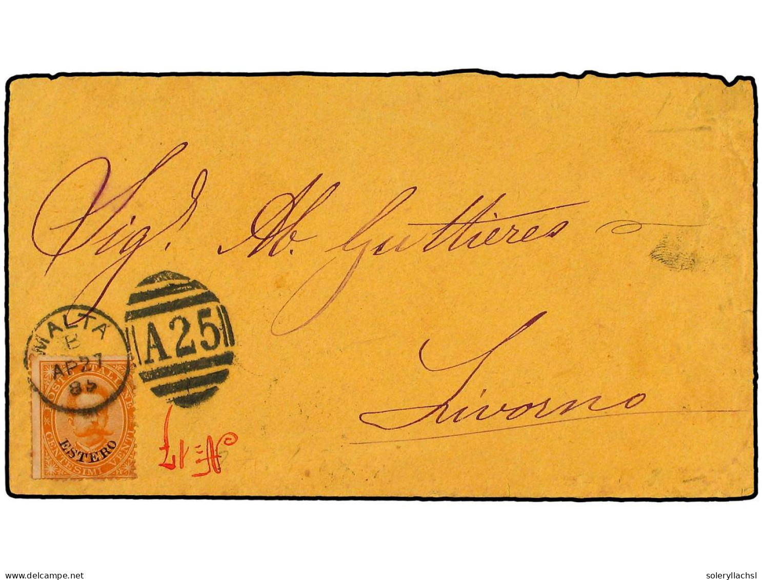 MALTA. 1886 (Apr 27). Cover Probably From Tunisia Franked By Uncancelled 1878 Italian 'Estero' 20c Orange, Cancelled By  - Autres & Non Classés