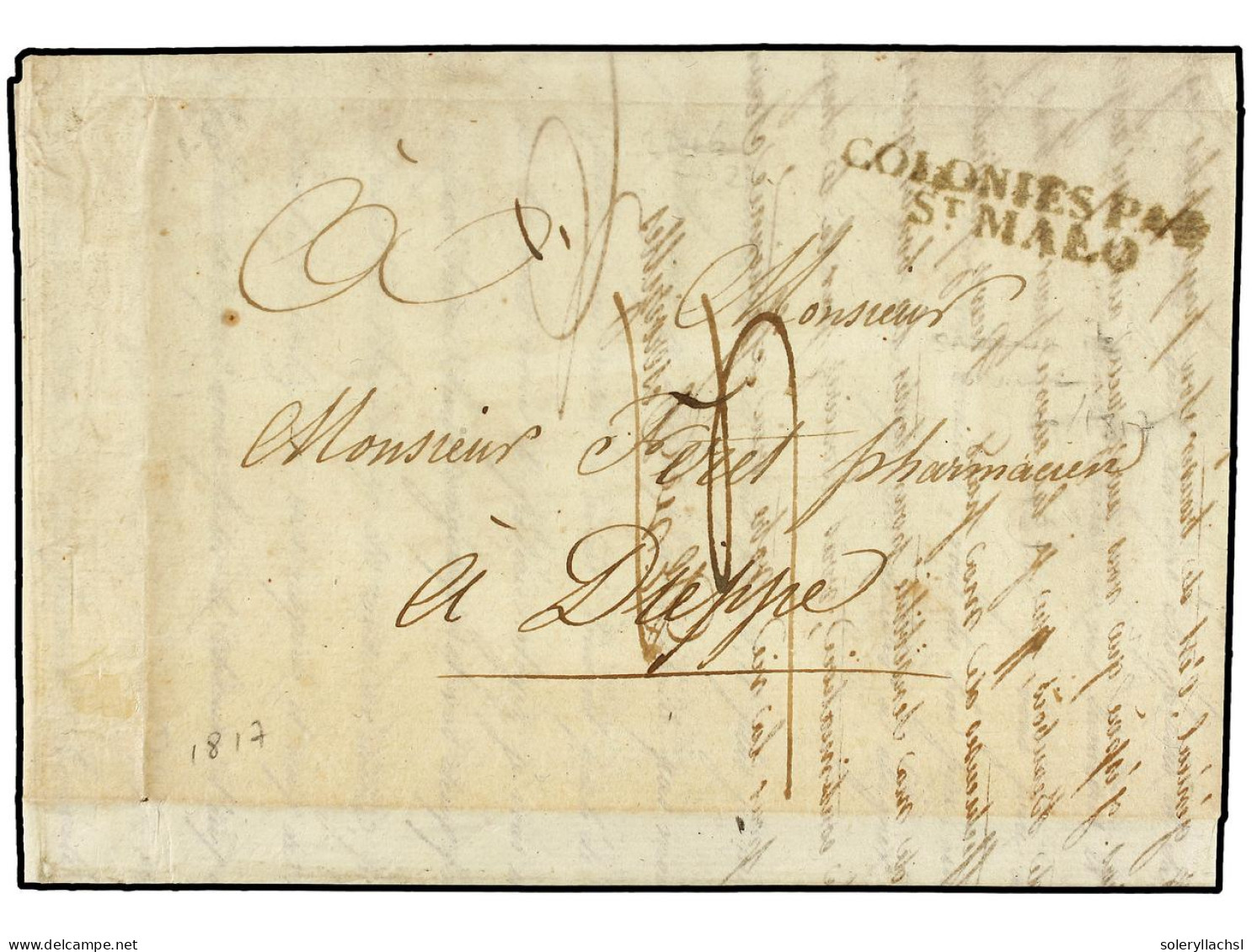 MAURICIO. 1817 (December 28). SAVANNE. ILE MAURICE To DIEPPE. Entire Letter With COLONIES PAR/ST. MALO Entry Mark (salle - Andere & Zonder Classificatie