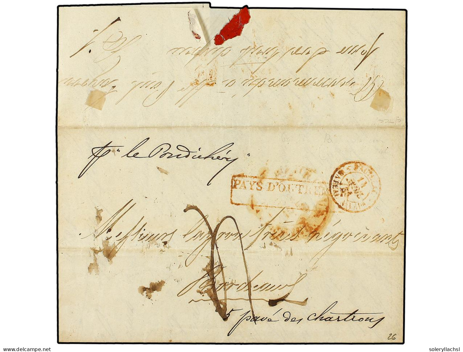 FRANCIA. 1840 (Aug. 14). Entire Lettre From MAURITIUS To BORDEAUX Endorsed 'per Le Pondichéry' And Struck With MAURITIUS - Autres & Non Classés