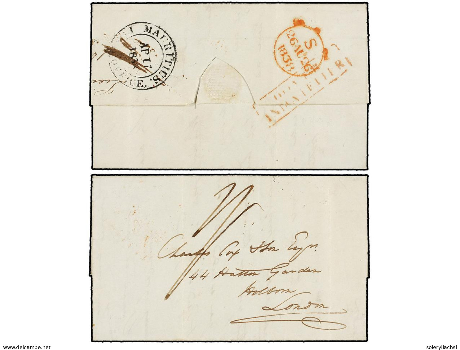 MAURICIO. 1838. LIEUT WEST. 'THE VALE' To LONDON. Entire Letter On Reverse Black MAURITIUS/POST OFFICE Mark And DOVER/IN - Andere & Zonder Classificatie