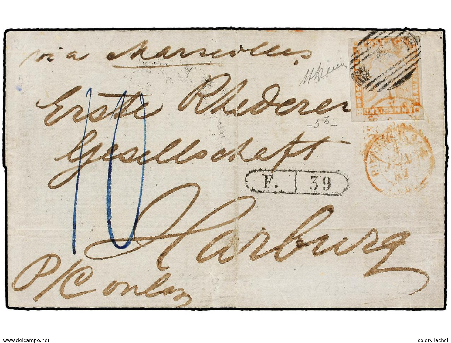 MAURICIO. 1859 (May). MAURITIUS To HARBURG (Saxony, Germany). PRINTED COMMERCIAL RAPORT Franked With 1848 Post Paid 1 D. - Other & Unclassified