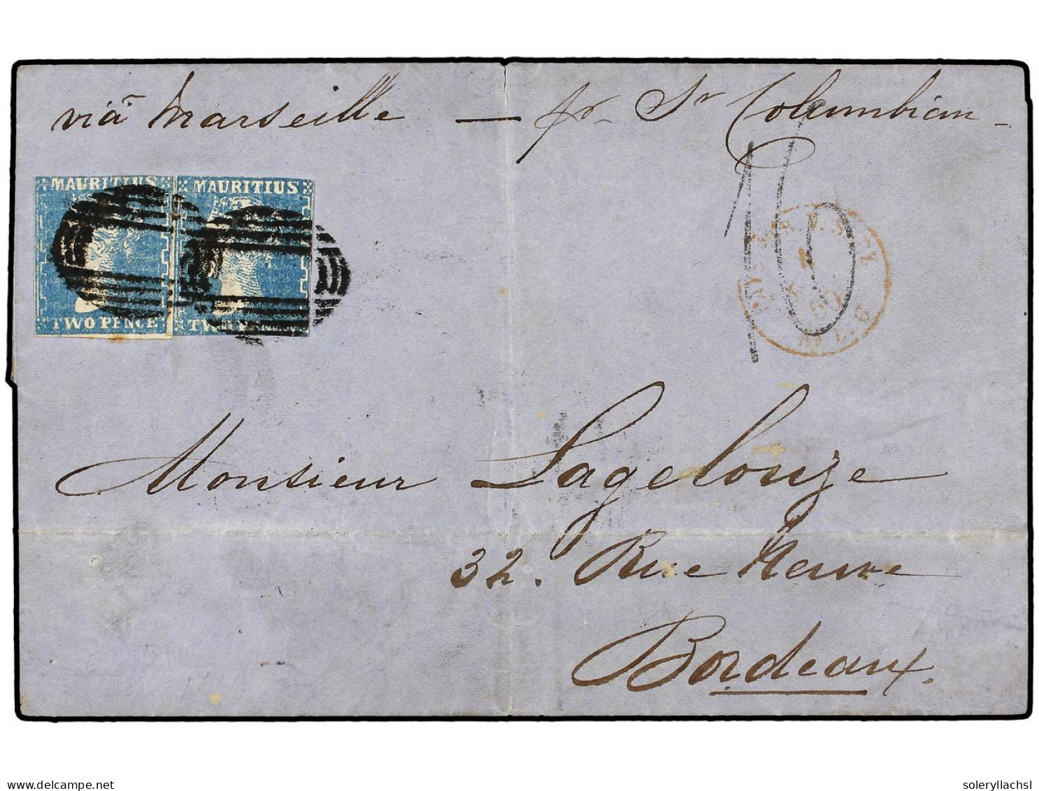 MAURICIO. 1860. MAURITIUS To FRANCE. Folded Letter Franked Wit Two 2 D. Blue Stamps, Short Margins But Very Fresh Colour - Autres & Non Classés