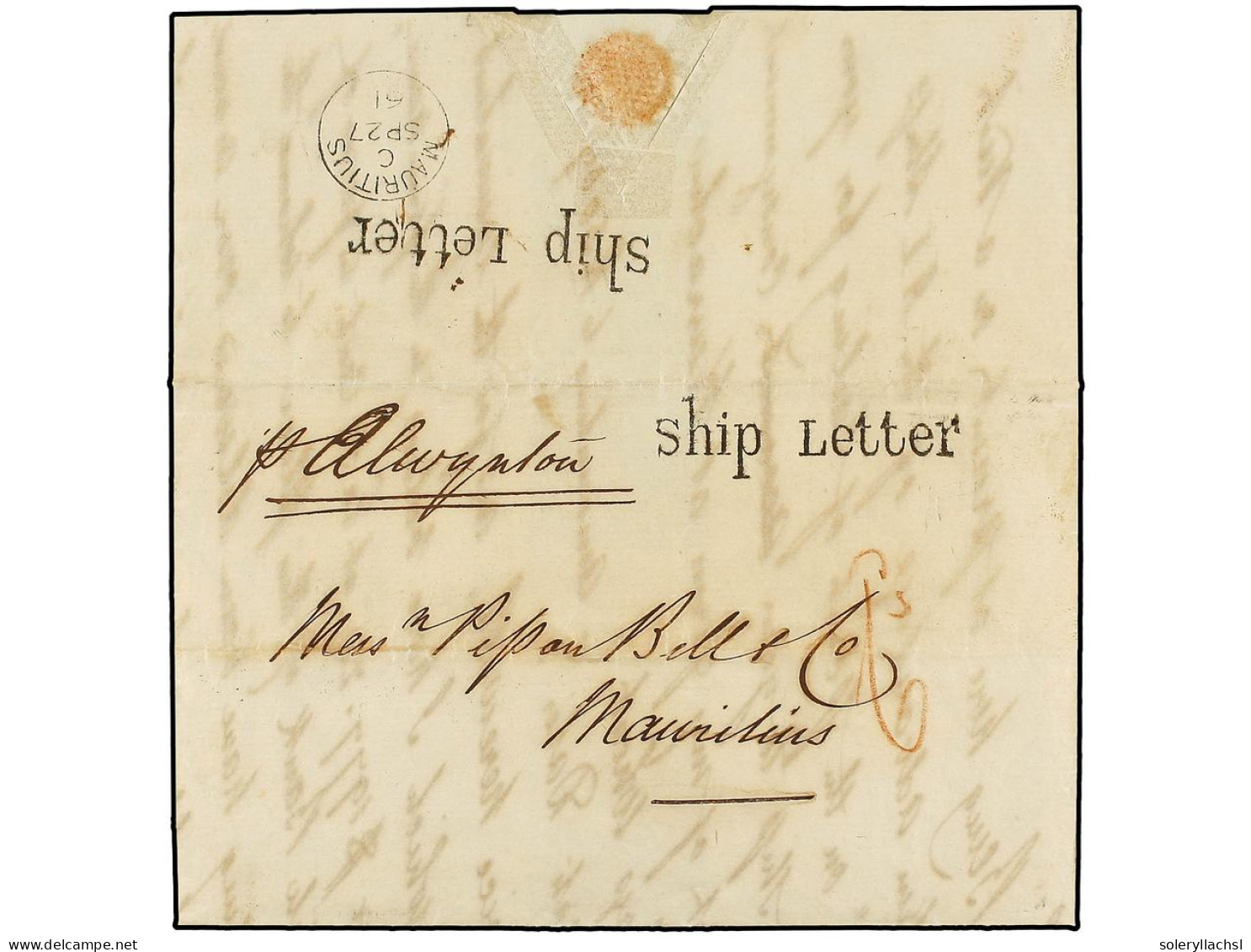 MAURICIO. 1861. BOMBAY To MAURITIUS. Entire Letter Rated '6d' Showing Two Strikes SHIP LETTER, Endorsed 'pr. Alwynton'.  - Other & Unclassified