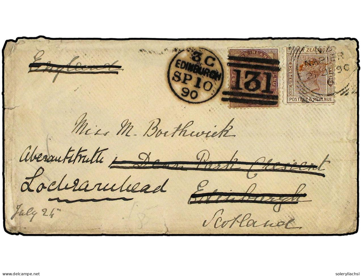 NUEVA ZELANDA. 1890 (July 21). Cover To SCOTLAND Bearing 1882 6 D. Brown Tied NAPIER Squared Circle Datestamp And Used T - Andere & Zonder Classificatie