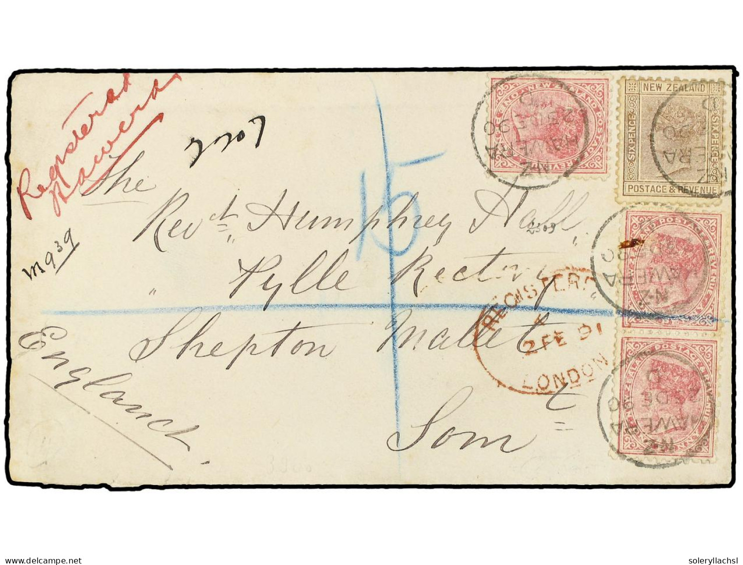 NUEVA ZELANDA. 1890 (Dec 23). Registered Cover To SHEPTON MALLET (UK) Bearing 1882-90 1d. Rose (3) And 6d. Brown All Tie - Sonstige & Ohne Zuordnung