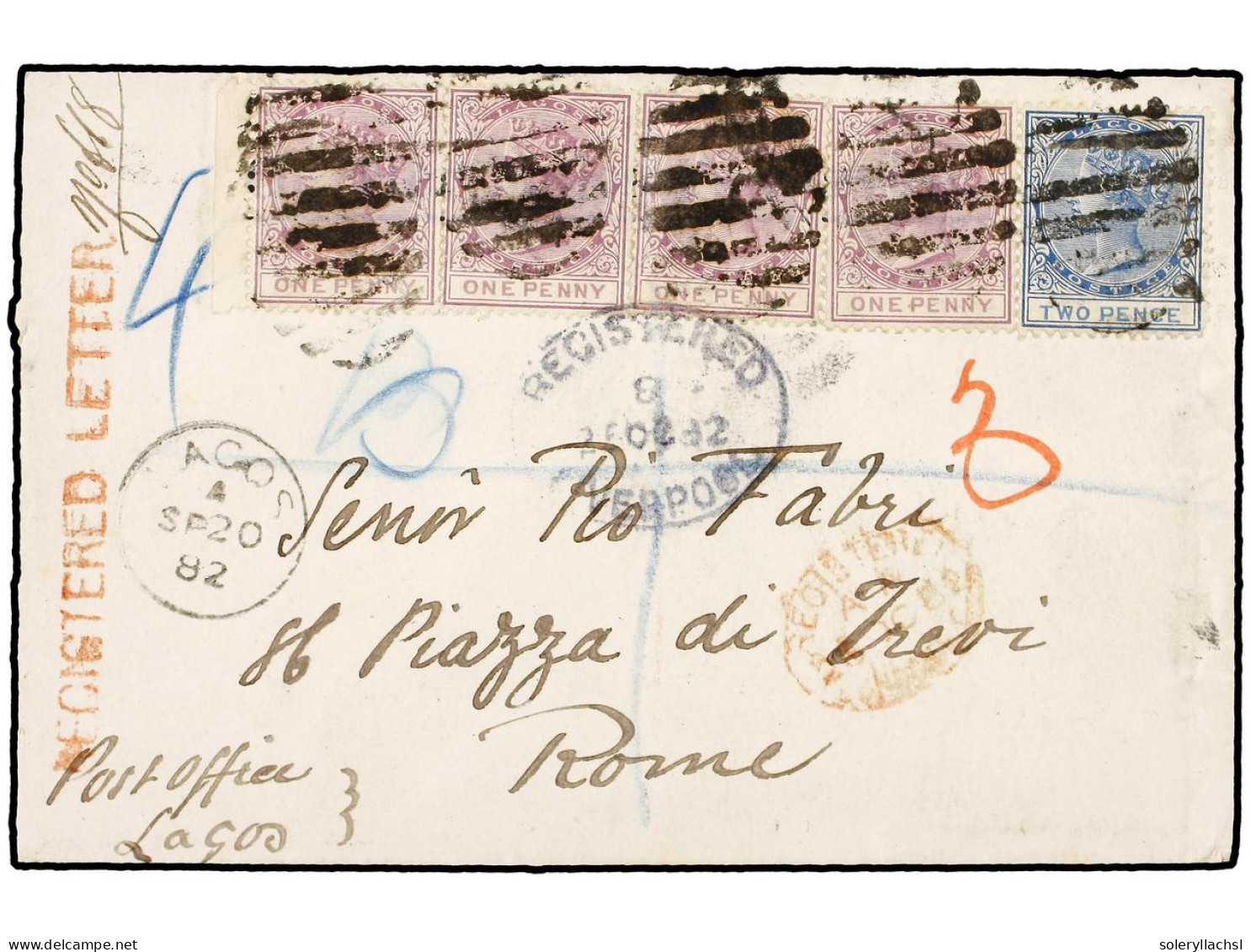 NIGERIA. 1882 (20 Sept.). Envelope From LAGOS To  ROME (Italy) Registered From 'Post Office Lagos', Bearing 1882, 1 D. L - Other & Unclassified