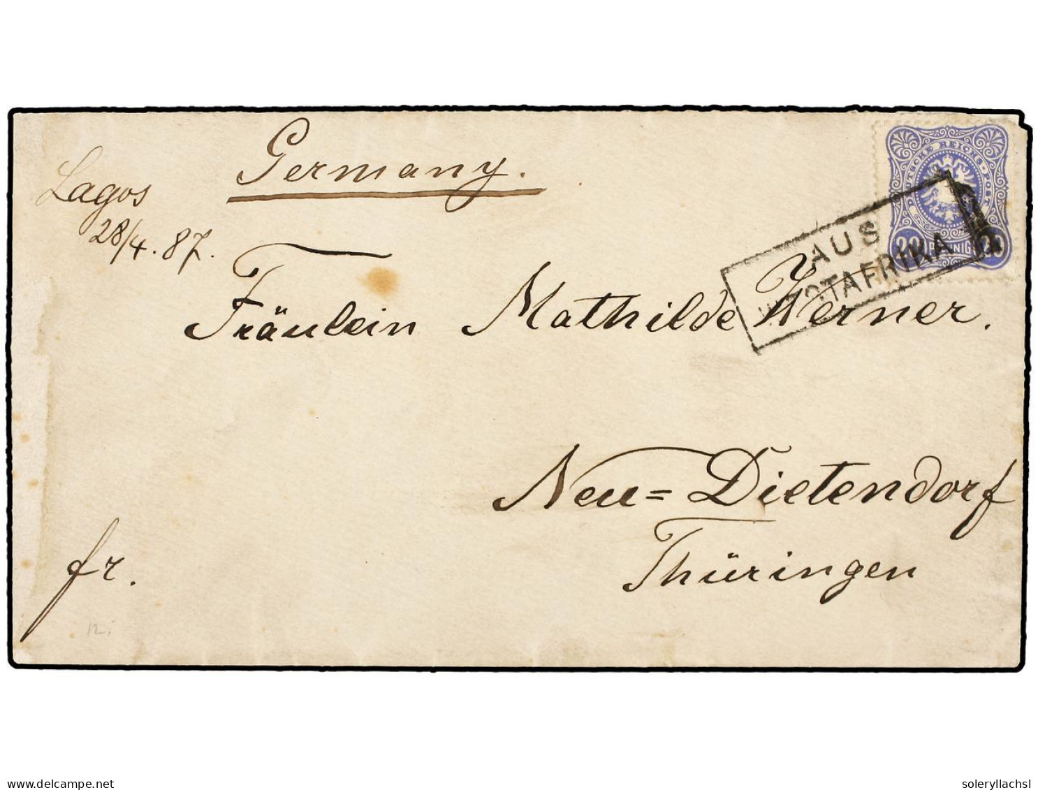 NIGERIA. 1887 (28 April). LAGOS To GERMANY, Marked 'Lagos 28/4. 87' At Left And Bearing Germany 1880-87, 20 Pf. Ultramar - Other & Unclassified