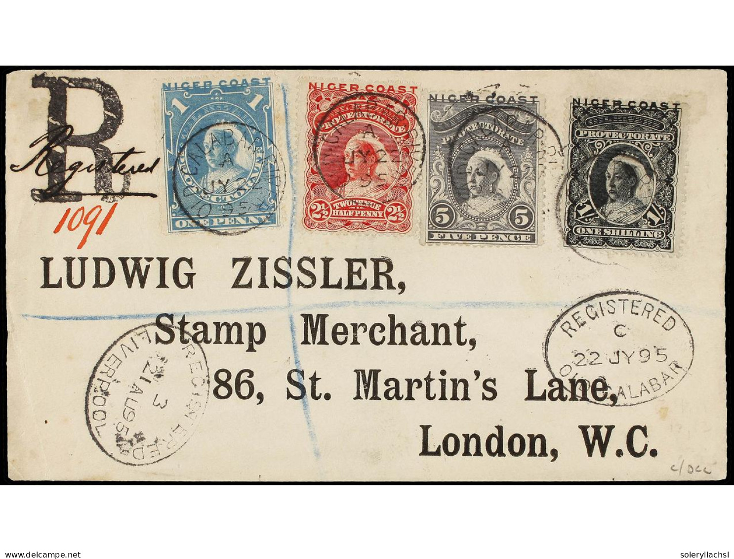 NIGERIA. 1895 (July 22). Registered Cover To LONDON Franked By 1894 1d. Pale Blue, 2½d. Carmine-lake, 5d. Grey-lilac And - Andere & Zonder Classificatie