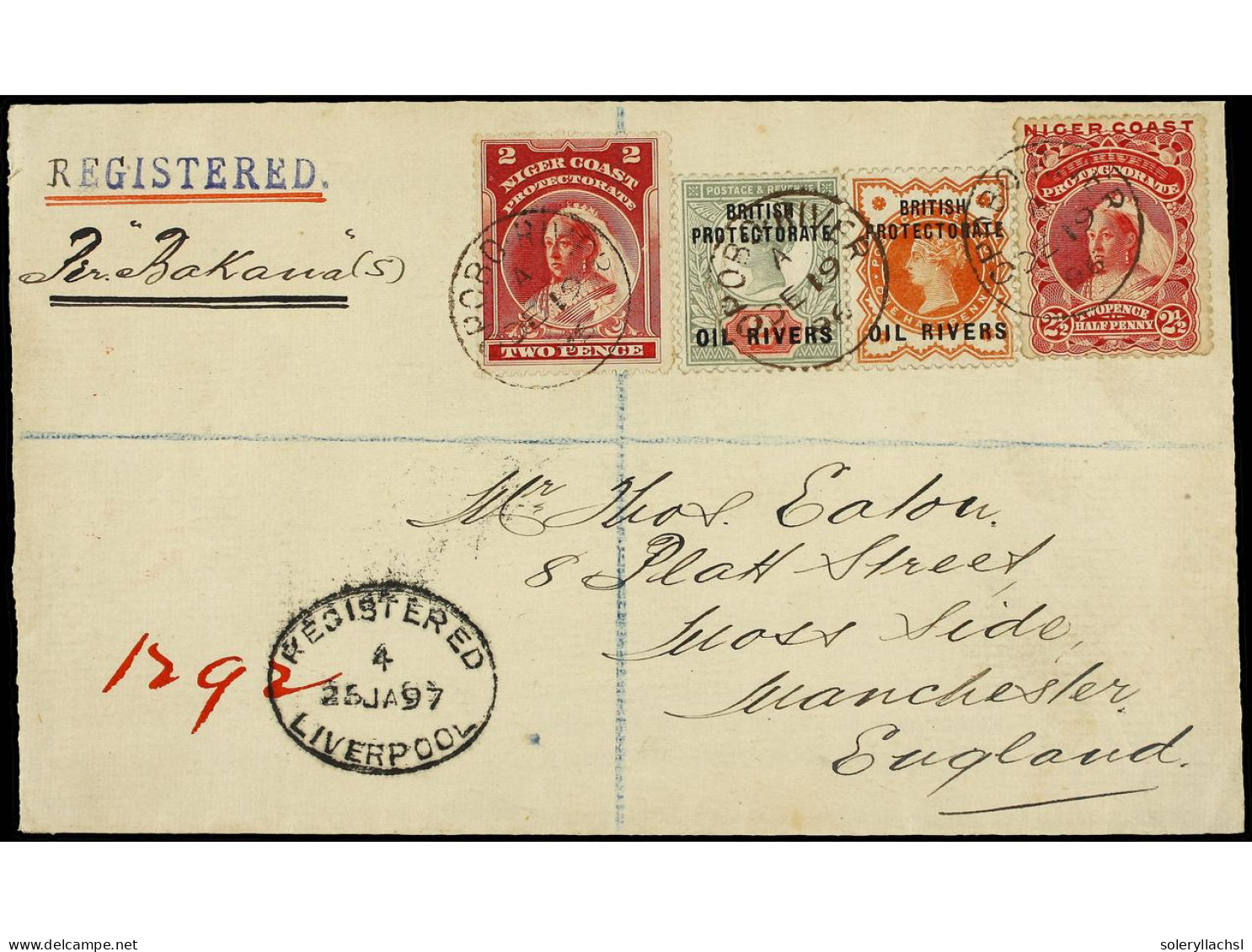 NIGERIA. 1896 (19 Dec.). Envelope Registered To MANCHESTER, Marked 'Per Bakana', Bearing 1892 1/2 D. Vermilion, 2 D. Gre - Otros & Sin Clasificación