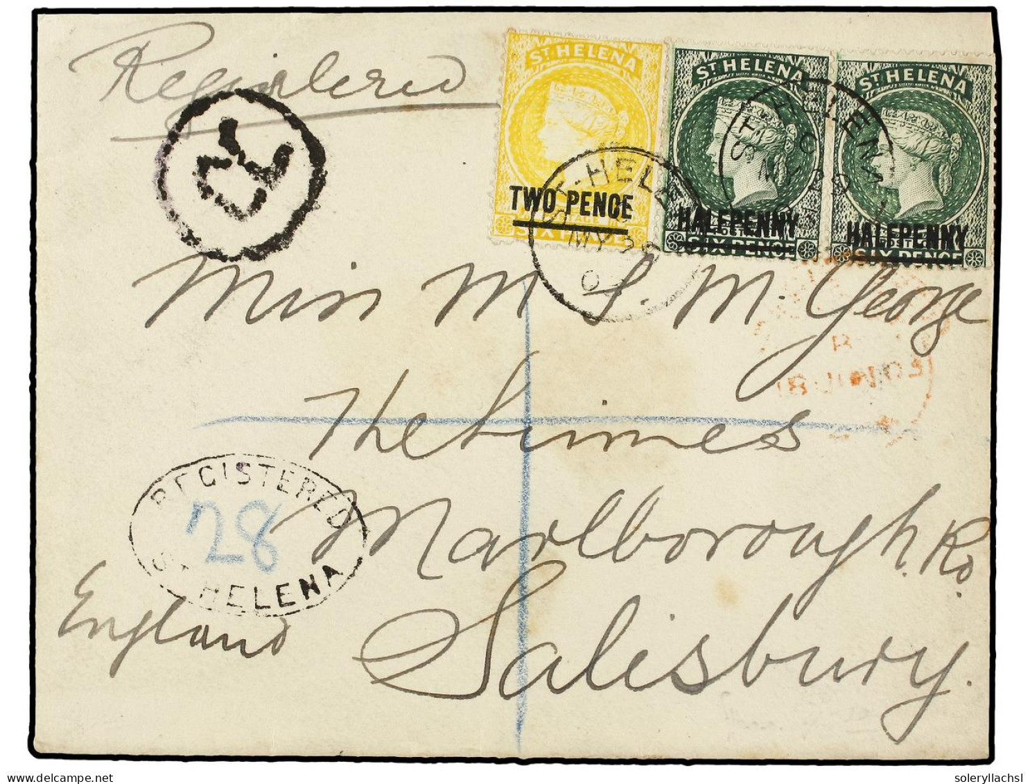 SANTA HELENA. 1903. ST. HELENA To ENGLAND. Registered Envelope Franked By 1/2 P. (2) And 2 P. With Arrival On Reverse. F - Autres & Non Classés