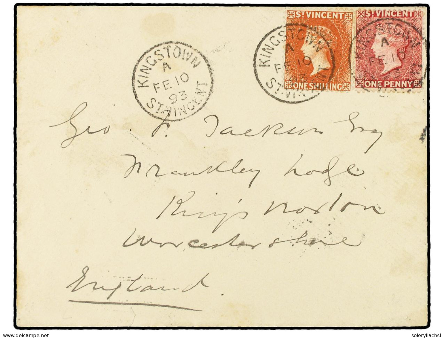 SAN VICENTE. 1893 (Feb 10). Cover To King's Norton Franked By 1885 1d. Rose Red And 1891 1sh. Bright Orange Tied By 'Kin - Other & Unclassified