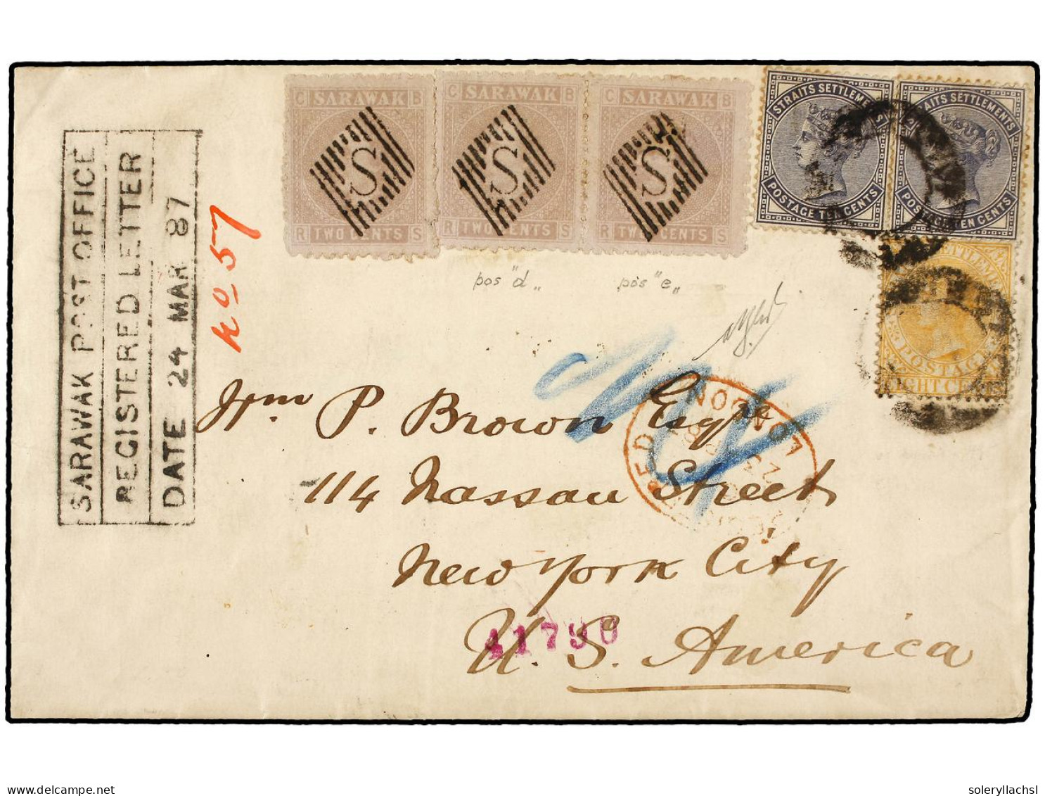 SARAWAK. 1887 (24 Marzo). SARAWAK To NEW YORK Registered Envelope Bearing 1875 2 Cts. Lilac Strip Of Three Cancelled By  - Sonstige & Ohne Zuordnung