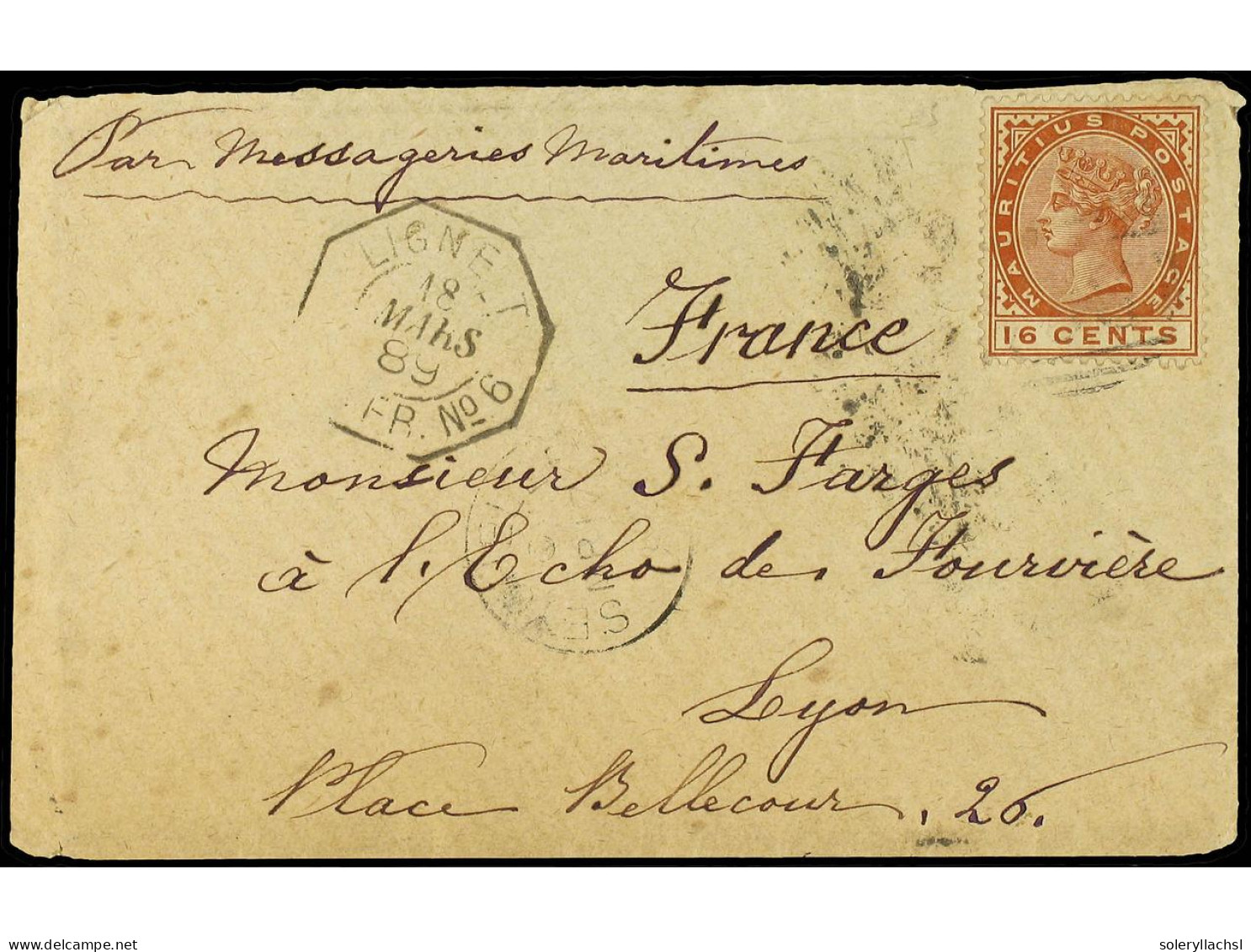 SEYCHELLES. 1889. Envelope To FRANCE Bearing Mauritius 16 Cent Brown (SG 109) Tied By B64 Obliterator With Adjacent SEYC - Other & Unclassified