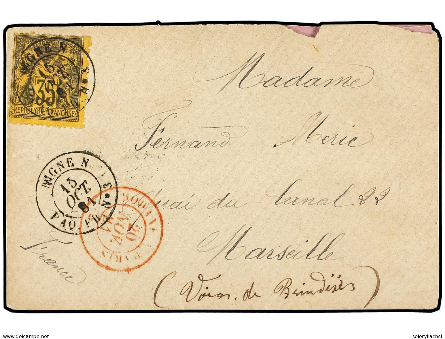 MALAYA. 1881. SINGAPORE To MARSEILLE. Envelope Franked 35c. Sage, Cancelled LIGNE N. PAQ. FR. No.3 Cds On Board The Ss ' - Sonstige & Ohne Zuordnung