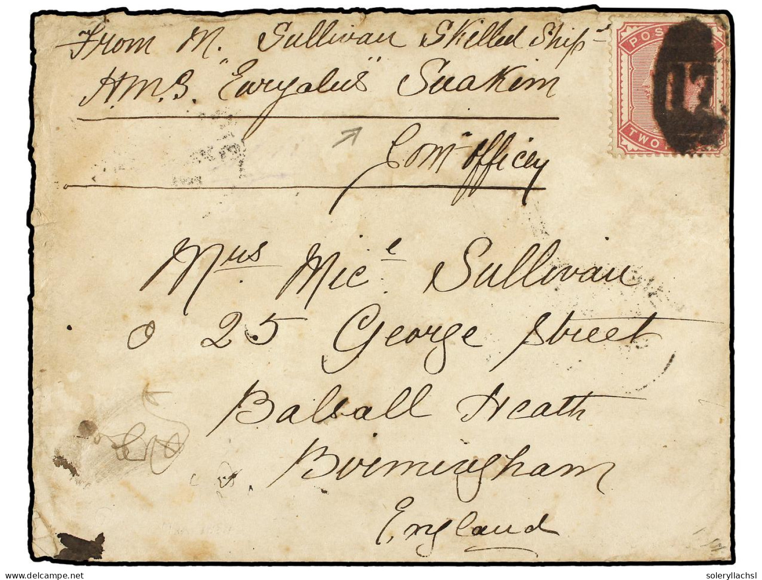 SUDAN. 1884. Sailor's Letter Cover Endorsed From 'M. Sullivan, Skilled Shipwr., HMS Euraylus, Suakim' Franked With Great - Sonstige & Ohne Zuordnung