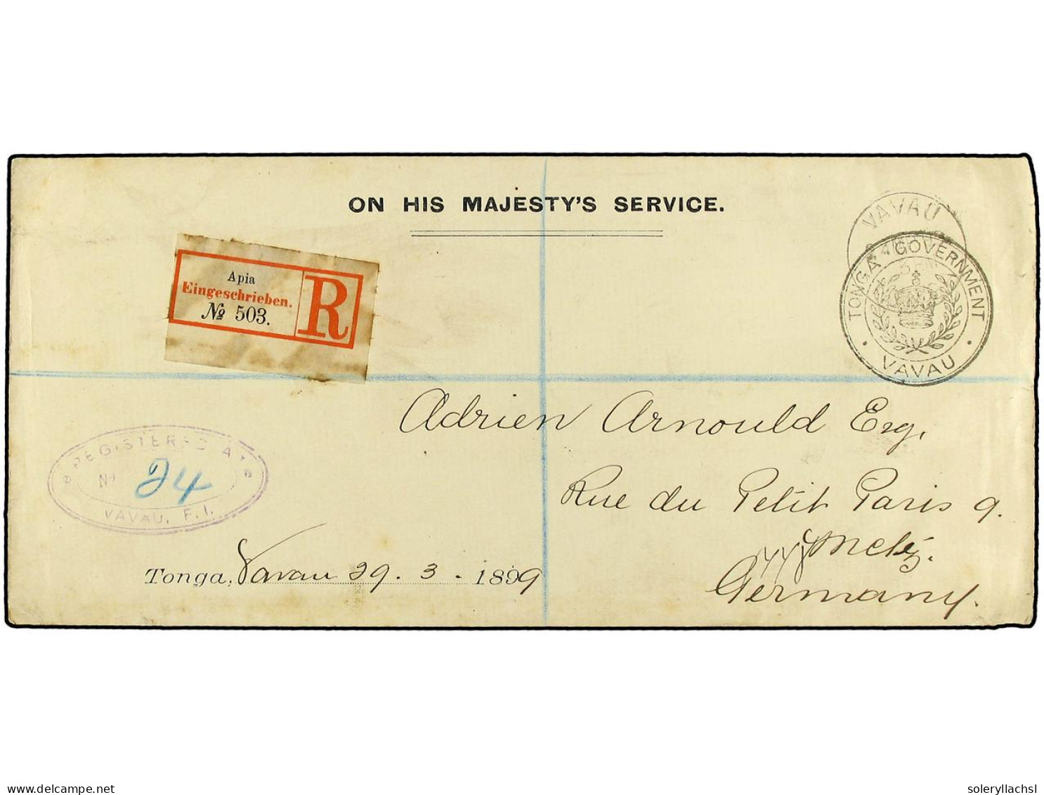 TONGA. 1899. VAVAU A ALEMANIA. Sobre Del Servicio Oficial, Marca TONGA GOVERNMENT/VAVAU. Marca Ovalada De CERTIFICADO Y  - Otros & Sin Clasificación