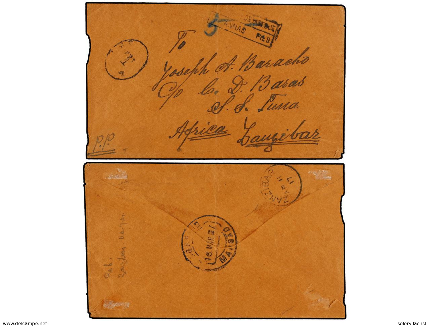 ZANZIBAR. 1917. MARGAO (Portuguese India) To ZANZIBAR. Unpaid Cover, Letter Endorsed 'P.P' (Postage Paid) But No Stamps. - Autres & Non Classés