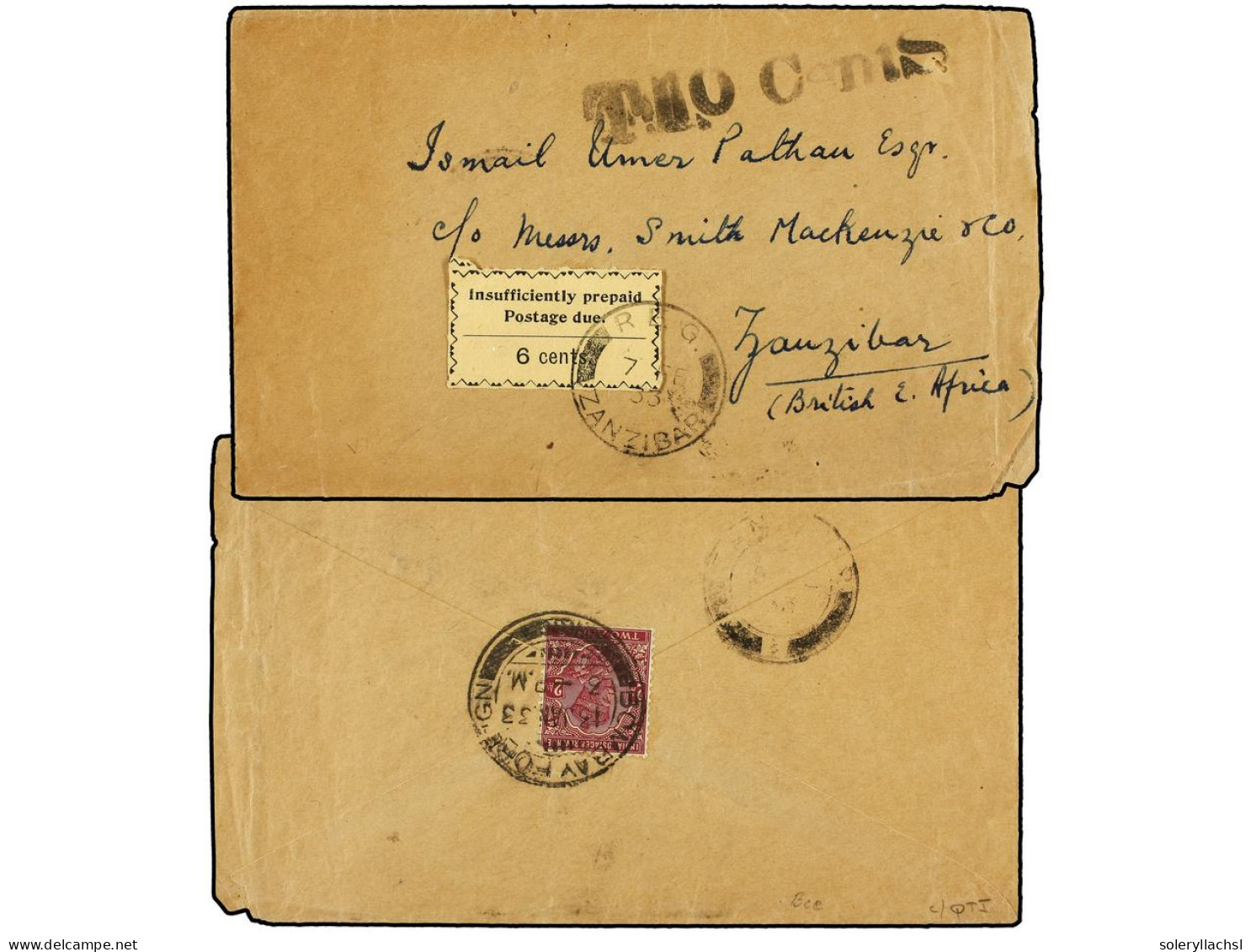 ZANZIBAR. 1933. Underpaid Cover From INDIA Franked On Reverse With 2a. Purple Tied By BOMBAY FOREIGN Cds (Jan 13), Front - Other & Unclassified