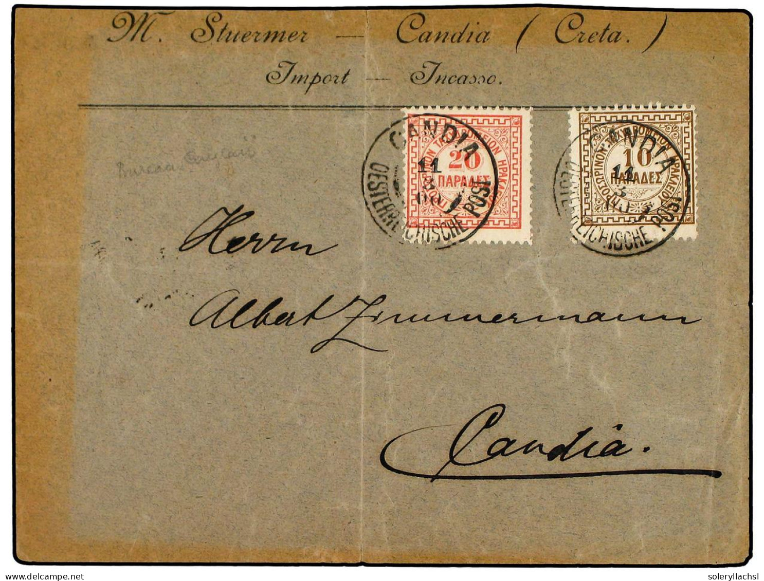 CRETA. 1900. Cover To CANDIA Franked By 1899 10 Pa. Brown And 20 Pa. Rose Tied By CANDIA Austrian PO Cds's With Straight - Andere & Zonder Classificatie