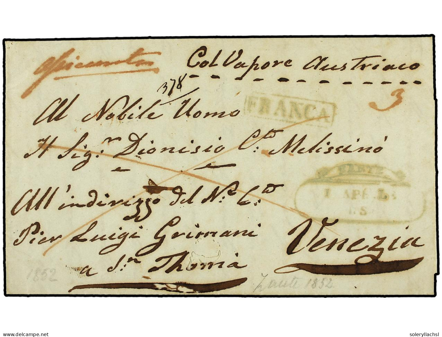 GRECIA: ISLAS JONICAS. 1852 (March 31). Rare Registered Entire Letter From ZANTE To TRIESTE Endorsed 'Col Vapore Austria - Otros & Sin Clasificación