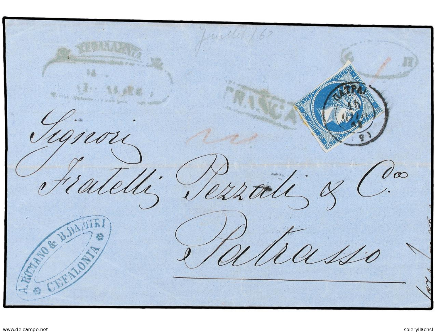 GRECIA: ISLAS JONICAS. 1863. Cover From CEFALONIA To PATRAS With Oval Hooded CEFALONIA Despatch, Framed FRANCA And Oval  - Andere & Zonder Classificatie