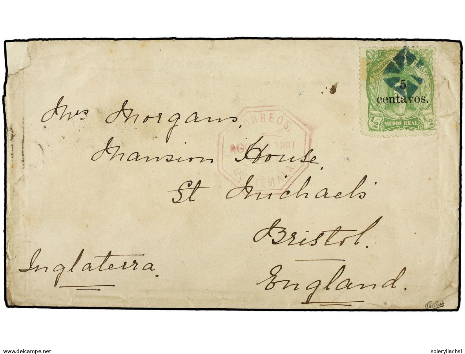GUATEMALA. 1881 (Aug. 20). Cover, Somewhat Tired And With Minor Corner Fault At Upper Left, Used To BRISTOL Franked By P - Sonstige & Ohne Zuordnung