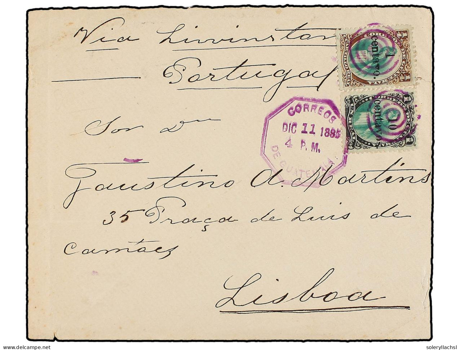 GUATEMALA. 1885 (Dec. 11). Cover From GUATEMALA CITY To LISBON (Portugal) Endorsed 'via Livingston' Franked By Quetzal 1 - Other & Unclassified