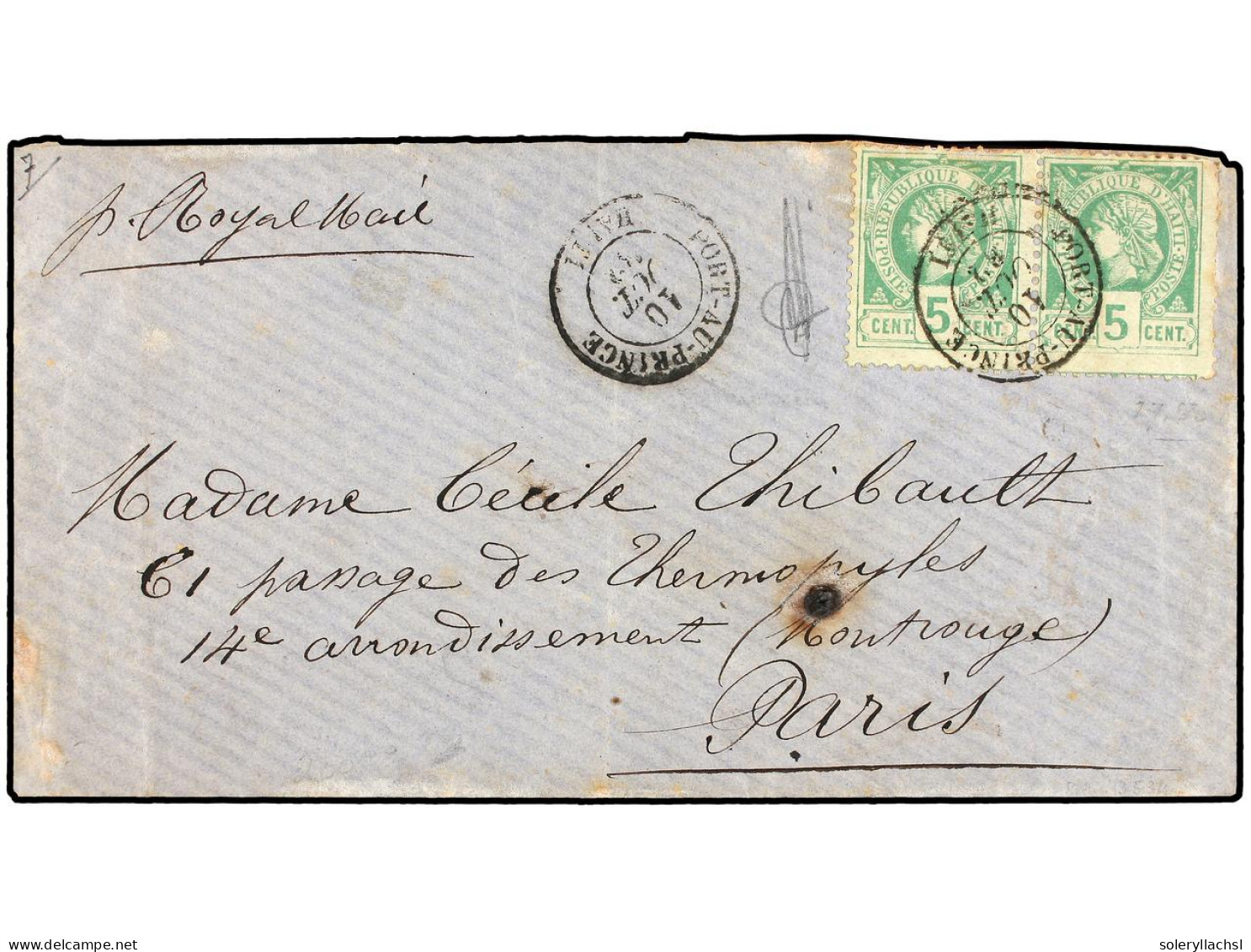 HAITI. 1882. PORT AU PRINCE A PARÍS. 5 Cents. Verde (2) Pl. II, 1ª Tirada. Mat. PORT-AU-PRINCE/HAITI. Sc.10 (2). - Sonstige & Ohne Zuordnung