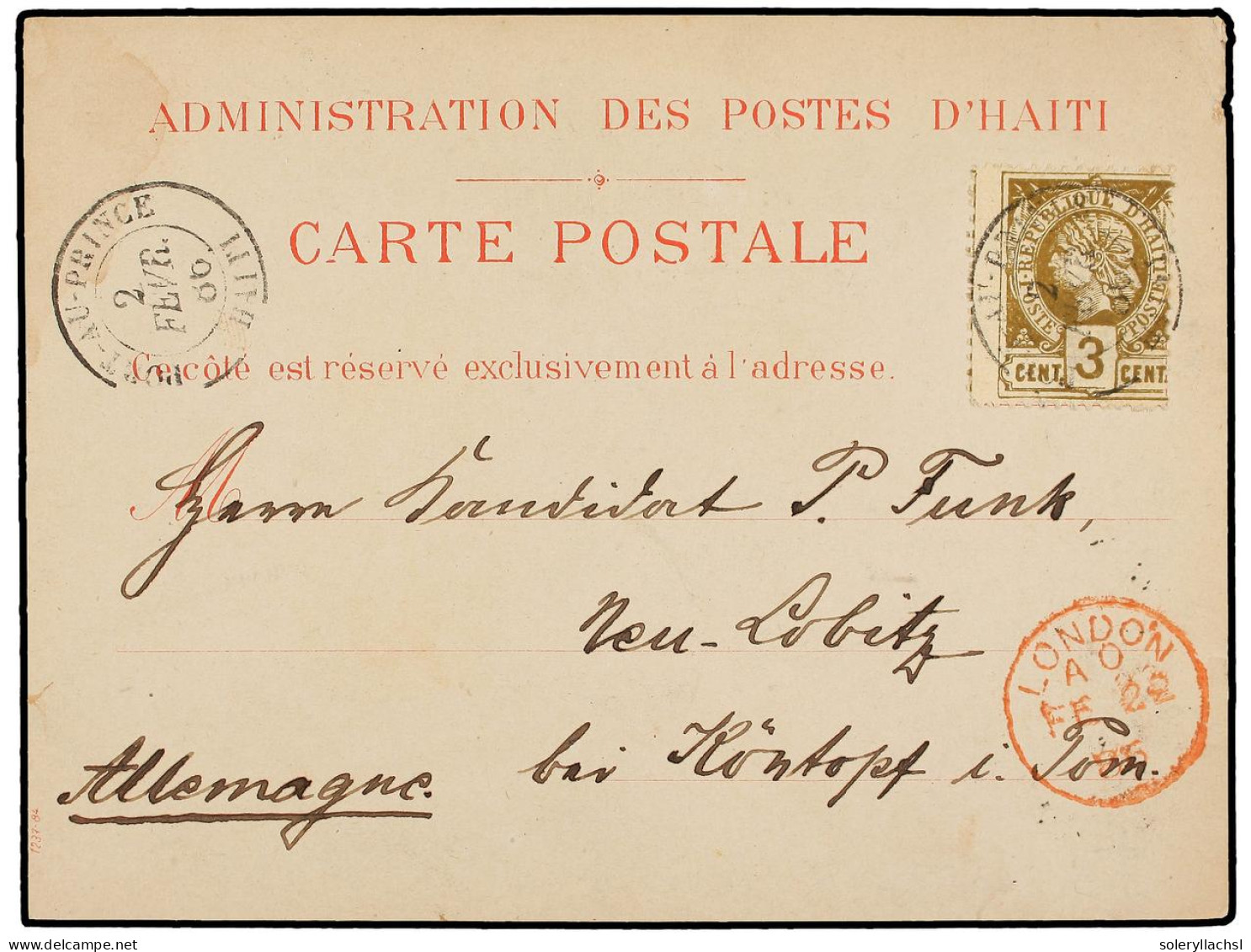 HAITI. 1886. PORT AU PRINCE A ALEMANIA. Tarjeta Postal Oficial Franqueada Con Sello De 3 Cts. Bistre, Mat. PORT-AU-PRINC - Sonstige & Ohne Zuordnung