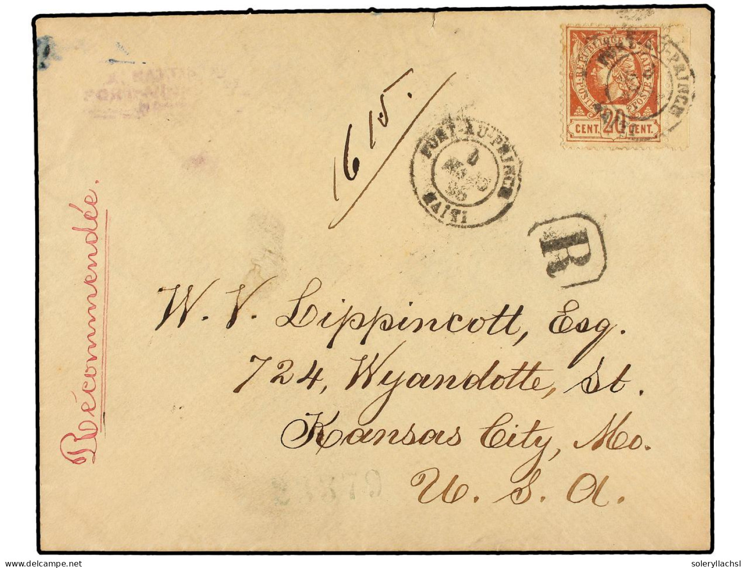 HAITI. 1895. PORT AU PRINCE A USA. 20 Cts. Castaño Claro, Pl. III. Carta Certificada. Sc.13. - Other & Unclassified