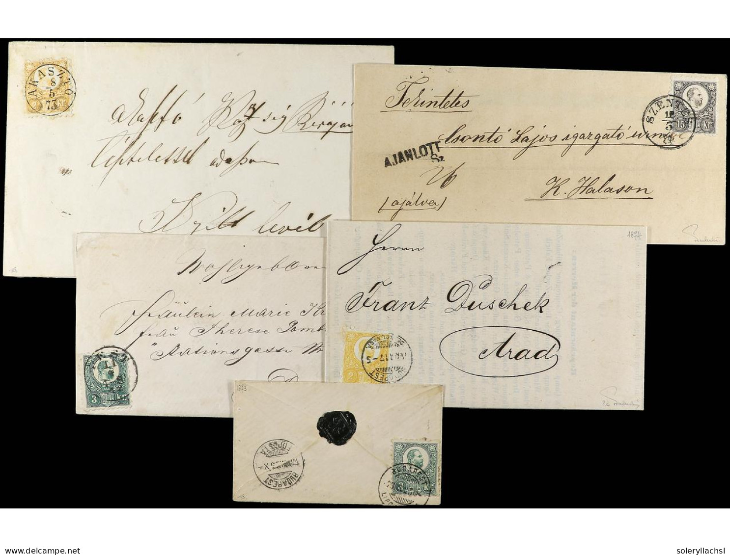 HUNGRIA. 1872-74. 5 Covers With 2 Kr Yellow, 3 Kr Green And 15 Kr Lilac. Fine Quality, Most Of Them With Certificate. - Sonstige & Ohne Zuordnung