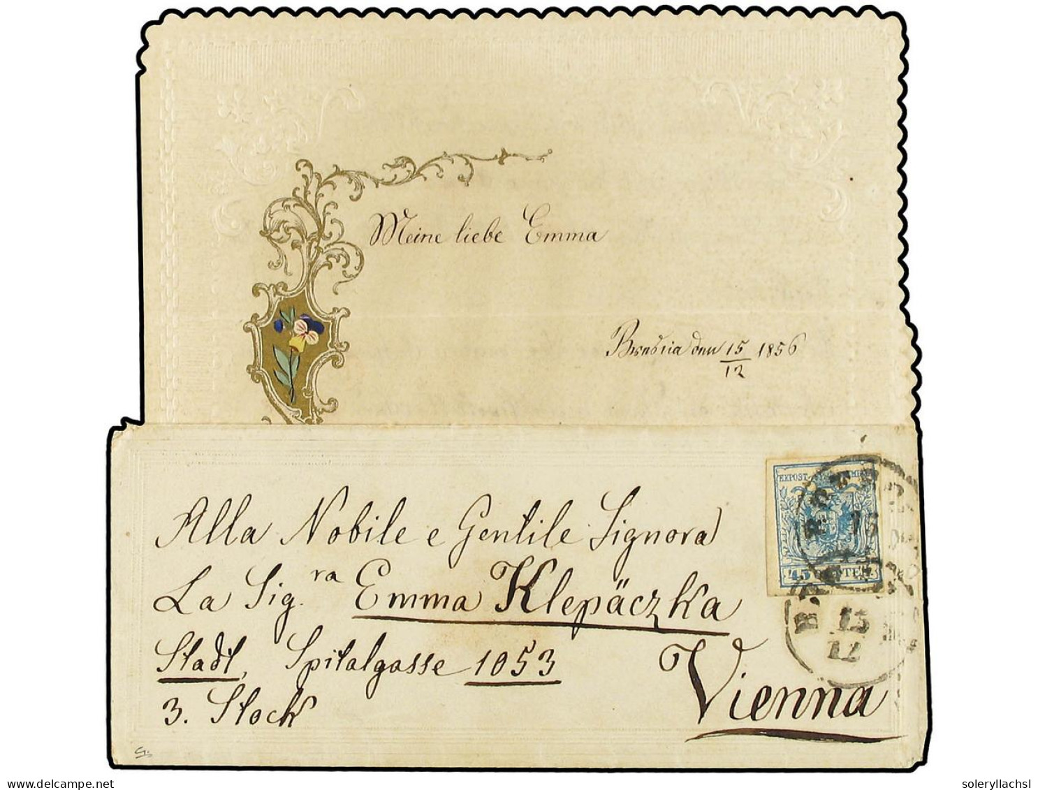 ITALIA ANTIGUOS ESTADOS: LOMBARDO-VENECIA. 1856 (Dec 15). Embossed Decorative Ladies' Envelope To VIENNA, With Complete  - Autres & Non Classés