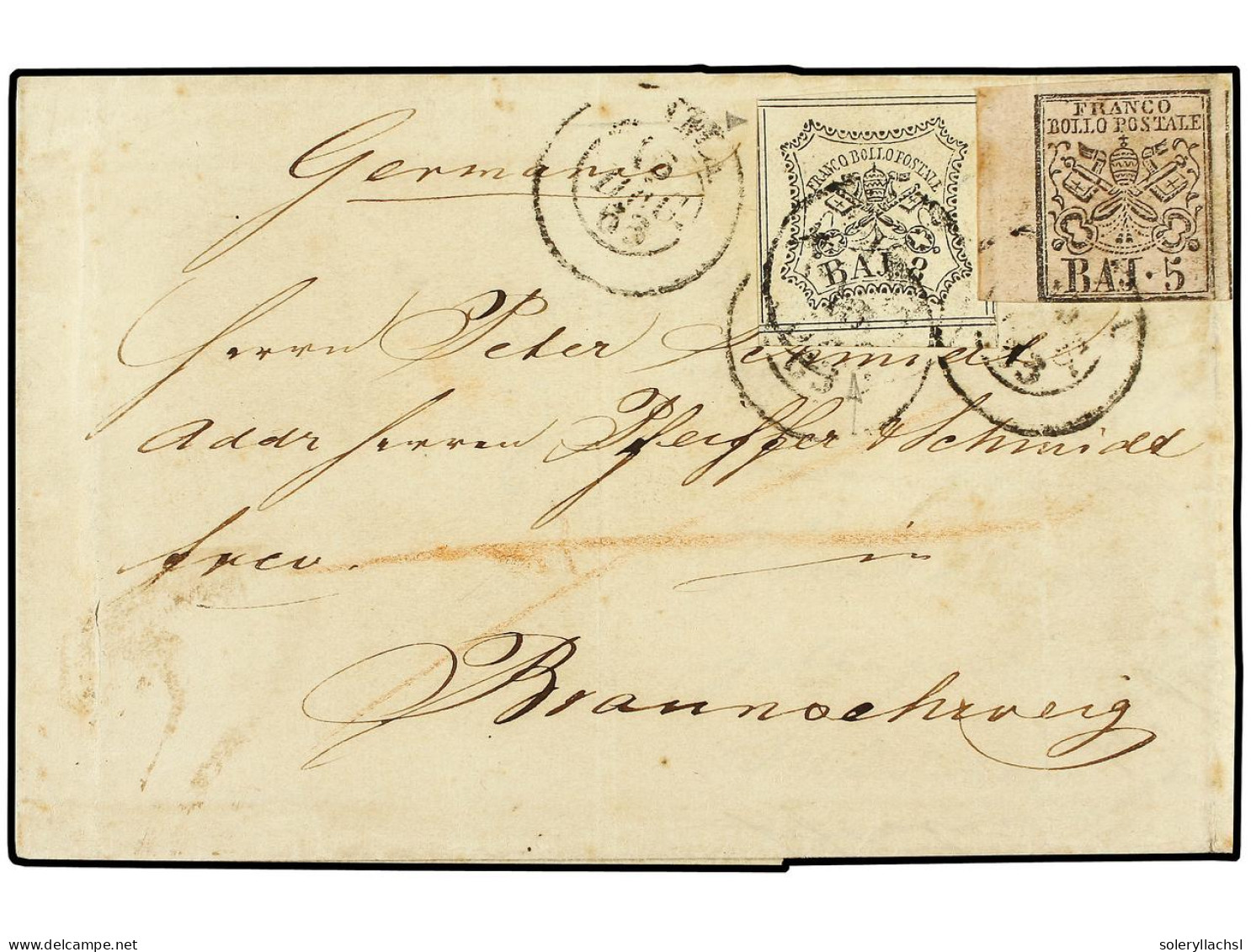 ITALIA ANTIGUOS ESTADOS: ESTADOS PONTIFICIOS. 1853 (Dec 16). Cover From ROME To BRAUNSCHWEIG (Germany) Bearing 1852 5b.  - Andere & Zonder Classificatie