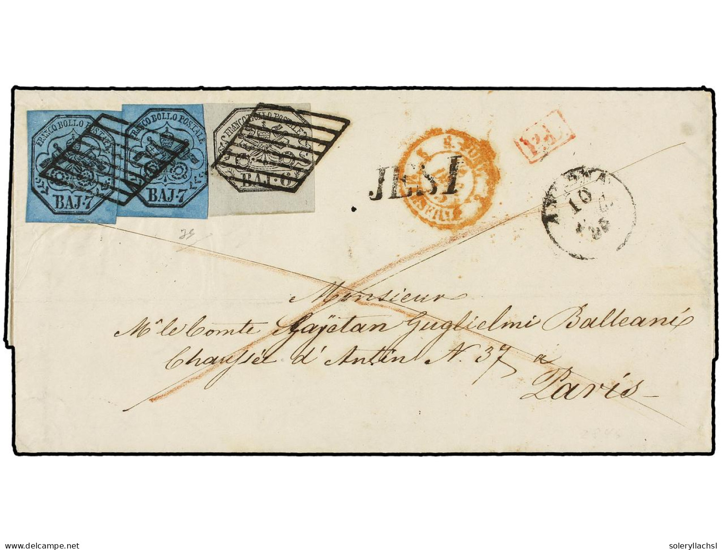 ITALIA ANTIGUOS ESTADOS: ESTADOS PONTIFICIOS. 1855. JESI A PARÍS. 6 Baj. Gris Y 7 Baj. Azul (2). Excepcional Calidad. Sa - Otros & Sin Clasificación