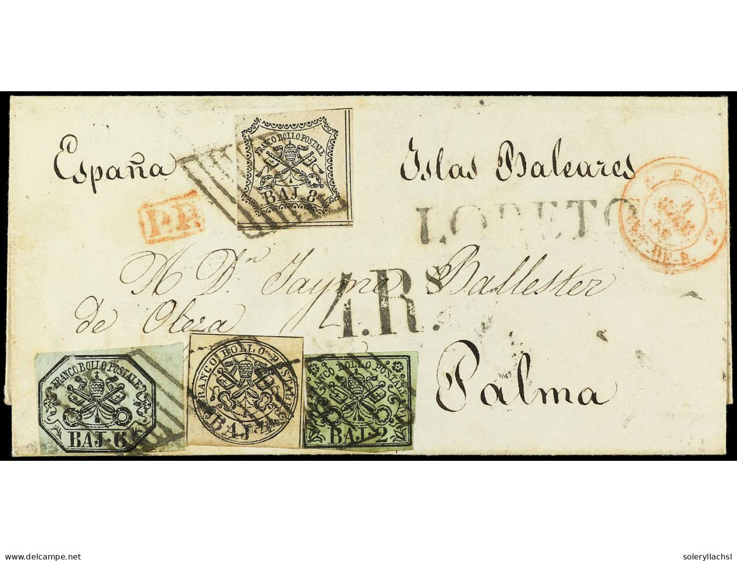 ITALIA ANTIGUOS ESTADOS: ESTADOS PONTIFICIOS. 1859. ENVUELTA De LORETO (Ancona) A PALMA DE MALLORCA. 2 Baj., 4 Baj, 6 Ba - Autres & Non Classés