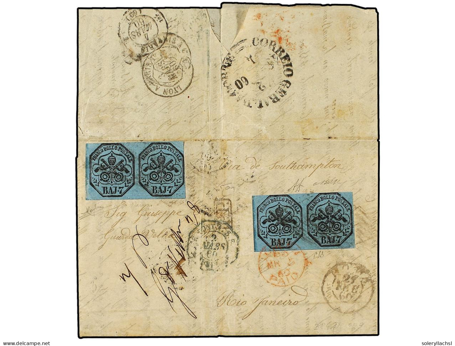 ITALIA ANTIGUOS ESTADOS: ESTADOS PONTIFICIOS. 1860. ROMA A RÍO DE JANEIRO. 7 Baj. Azul (4) Circulada Vía El Correo Britá - Sonstige & Ohne Zuordnung