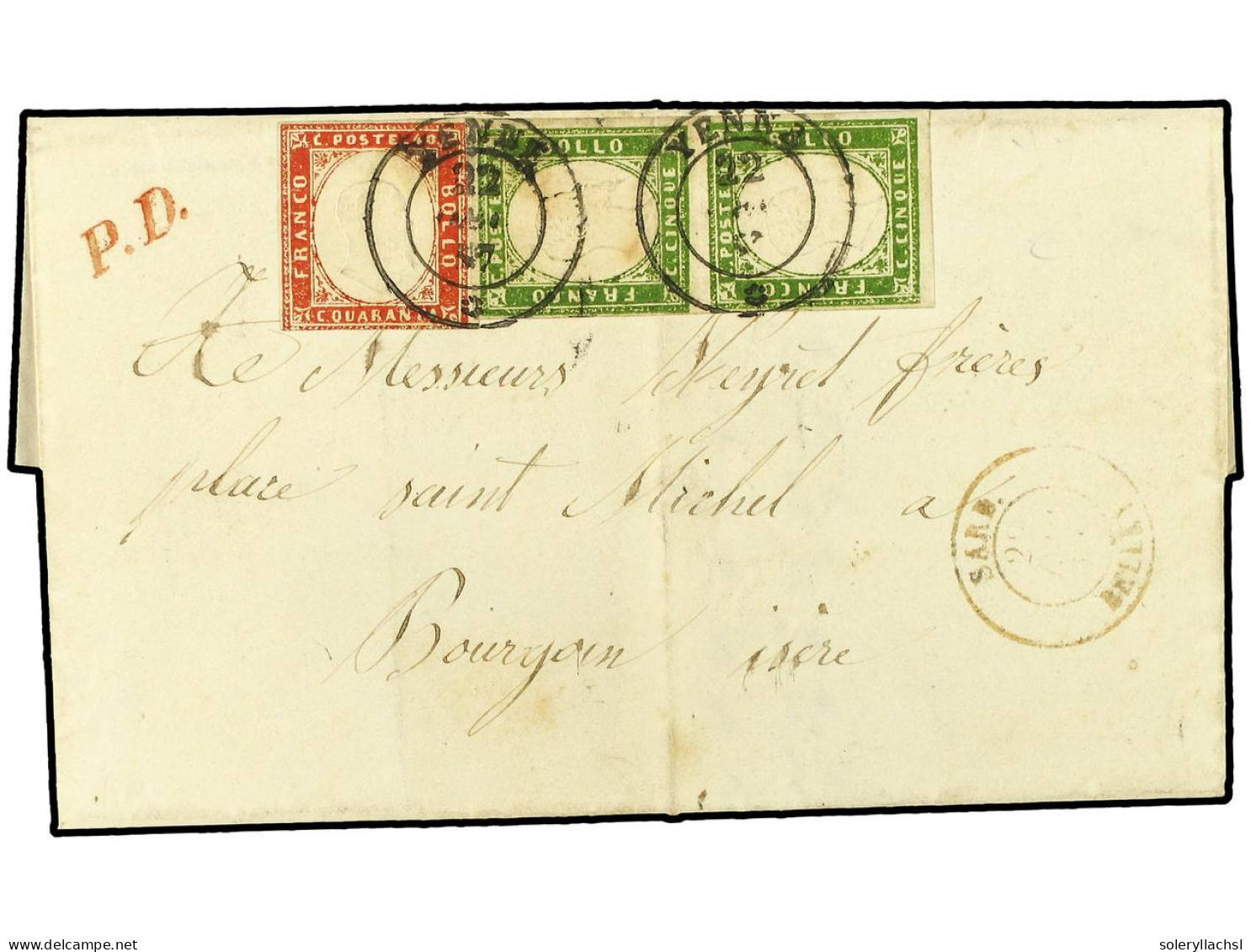 ITALIA ANTIGUOS ESTADOS: CERDEÑA. 1857. YENNE (Savoie) A BOURGOIN (Francia). 5 Cts. Verde (2) Y 40 Cts. Rojo, Márgenes A - Altri & Non Classificati