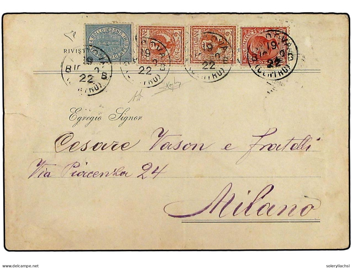 ITALIA. 1922 (Oct 10). Cover To MILAN Franked (and Accepted) With 1906 10 C., 2x 2 C. Orange Brown Of 1901 And MARCA DA  - Andere & Zonder Classificatie