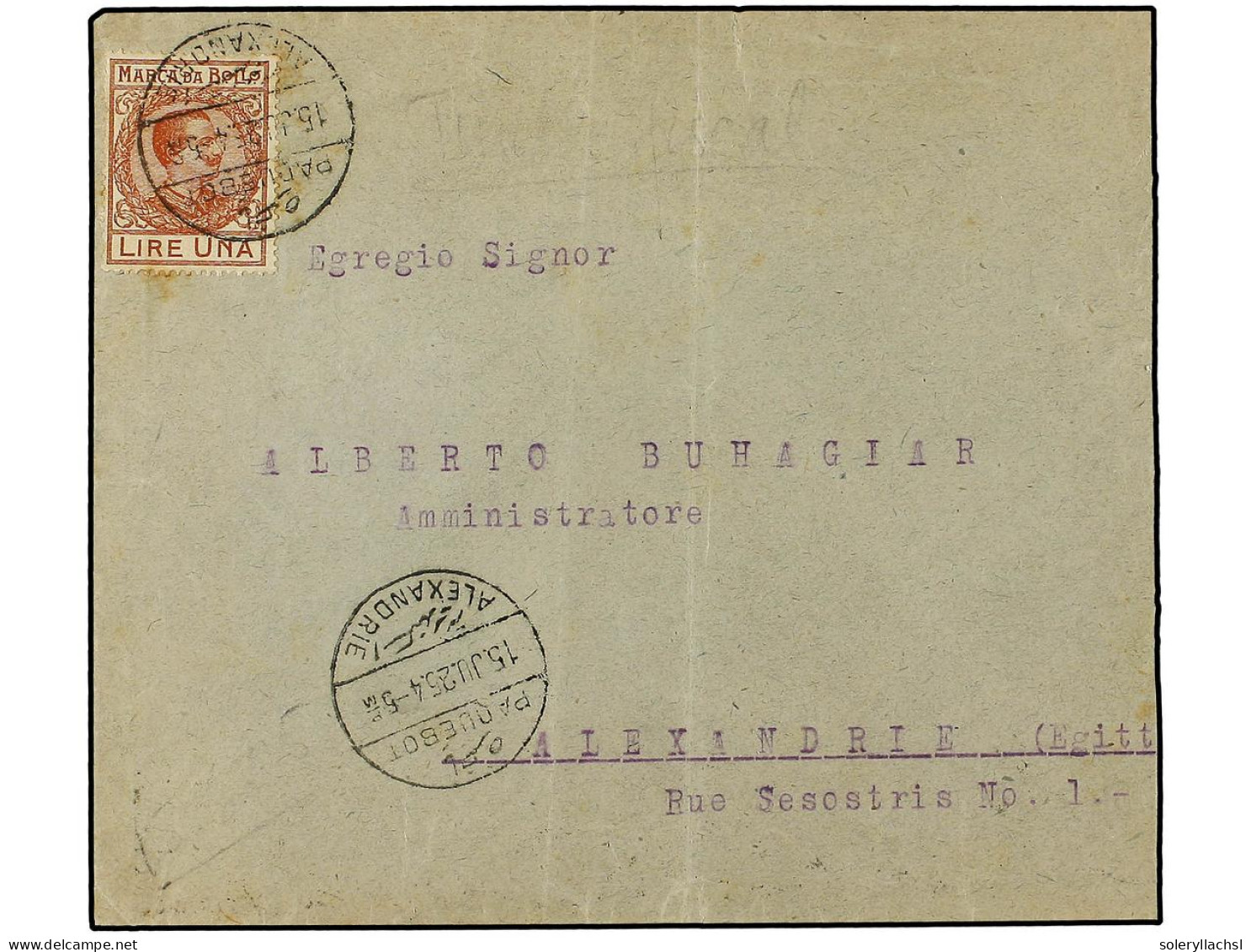 EGIPTO. 1925 (June 15). Cover To Alexandria Franked By Italy 'Marca Da Bollo' 1 Lire Brown, Apparently Accepted For Paym - Other & Unclassified