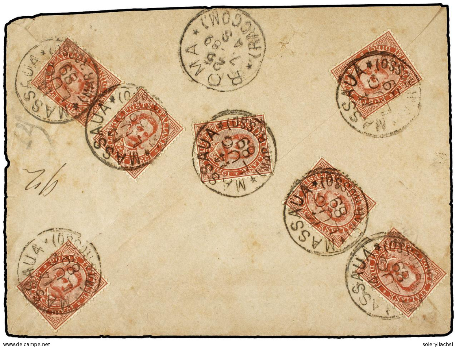 ERITREA. 1889. 10 C. Carmine Rose, Seven Examples Used On Reverse Of 1889 Double Rate Registered Cover To Rome, All Tied - Other & Unclassified