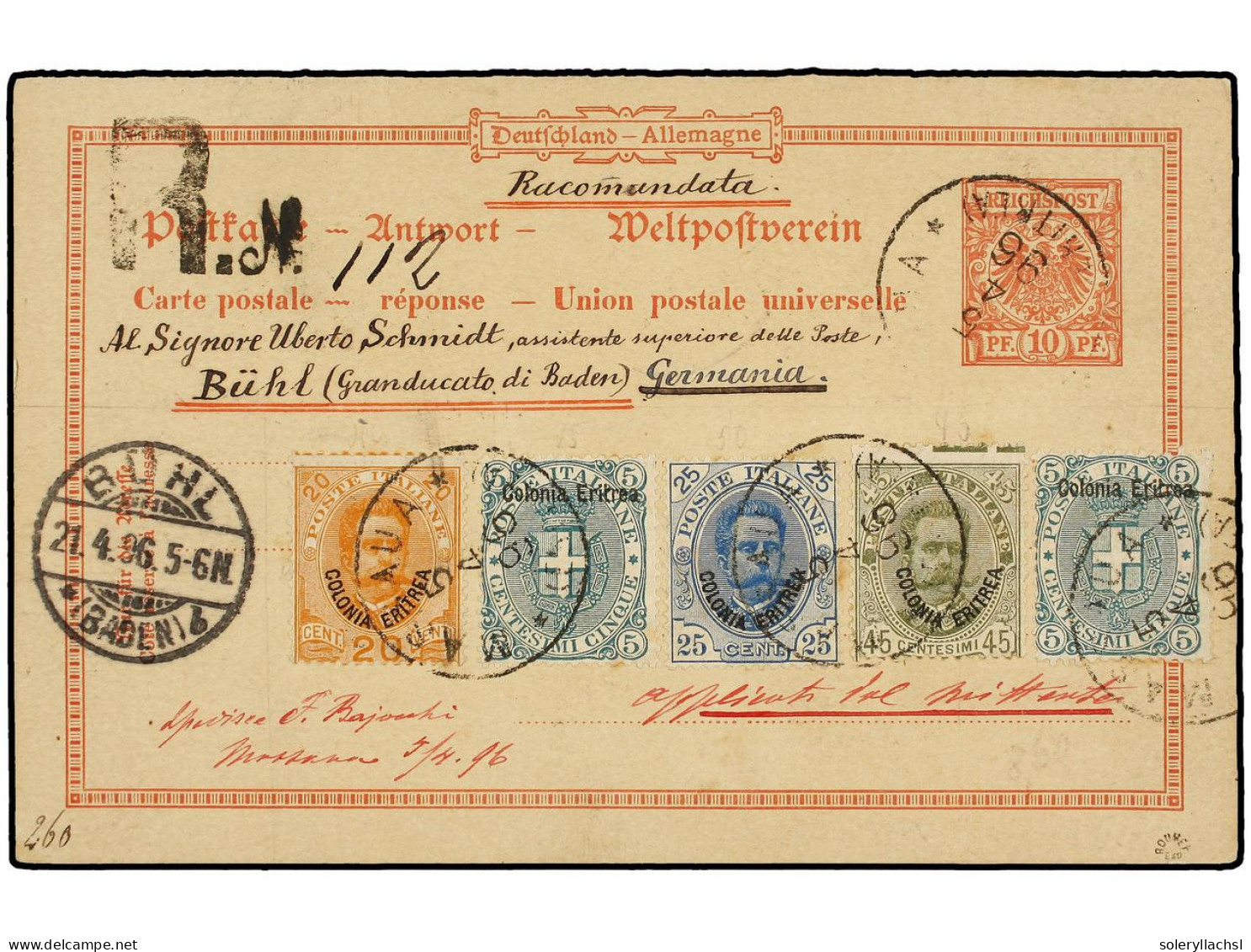 ERITREA. 1896. MASSAUA A ALEMANIA. Entero Postal Alemán Con Franqueo De 5 Cts. (2), 20 Cts., 25 Cts. Y 45 Cts. Circulado - Other & Unclassified