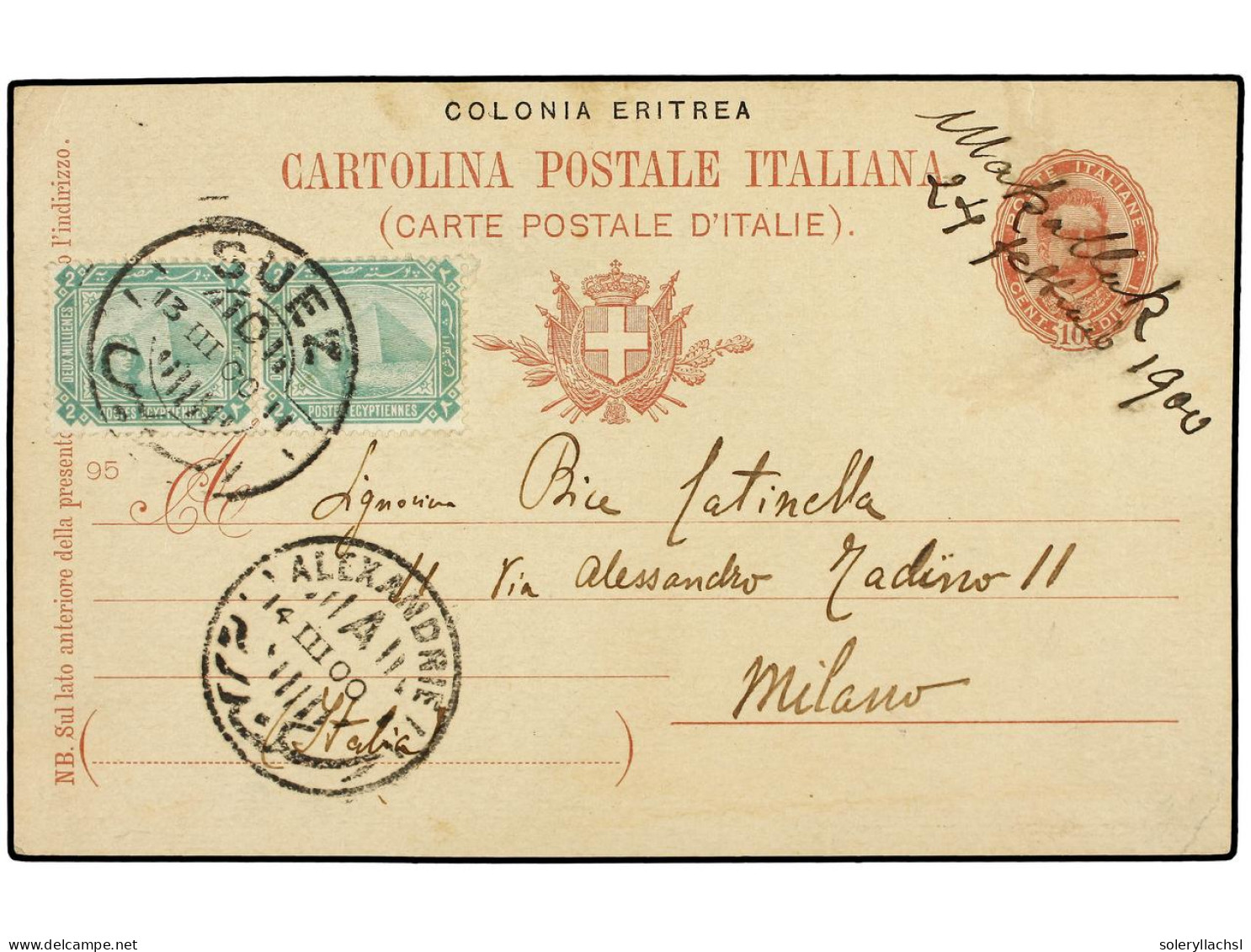 ERITREA. 1900. ADEN-HODEIDAH (YEMEN) A MILANO. Entero Postal De ERITREA De 10 Cts. Rojo, Escrita A Bordo Del Buque Itali - Altri & Non Classificati