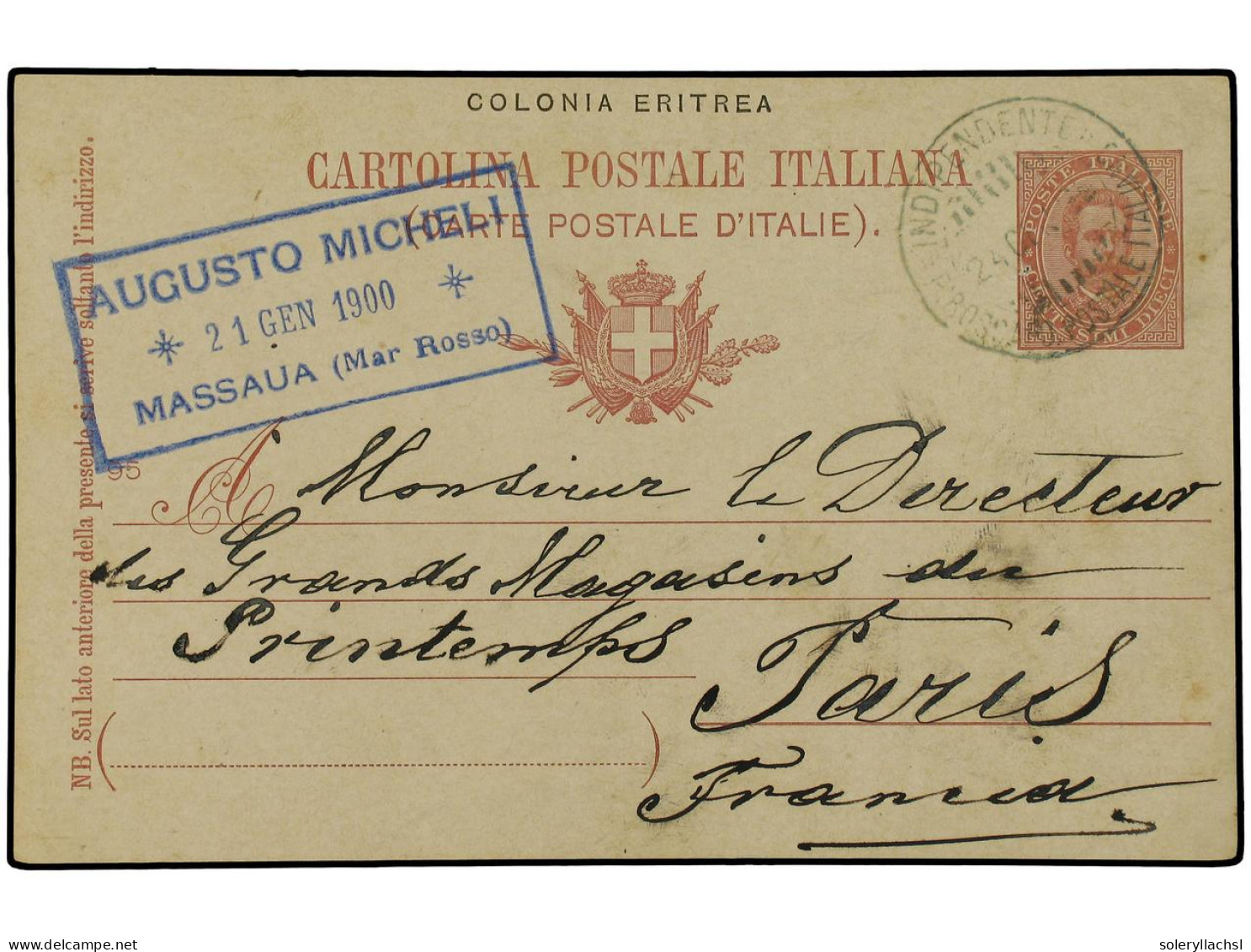 ERITREA. 1900 (Jan 21). Italy 10c. Lake Postal Stationery Card Used From Massaua To Paris With Framed Cachet Of Sender I - Other & Unclassified