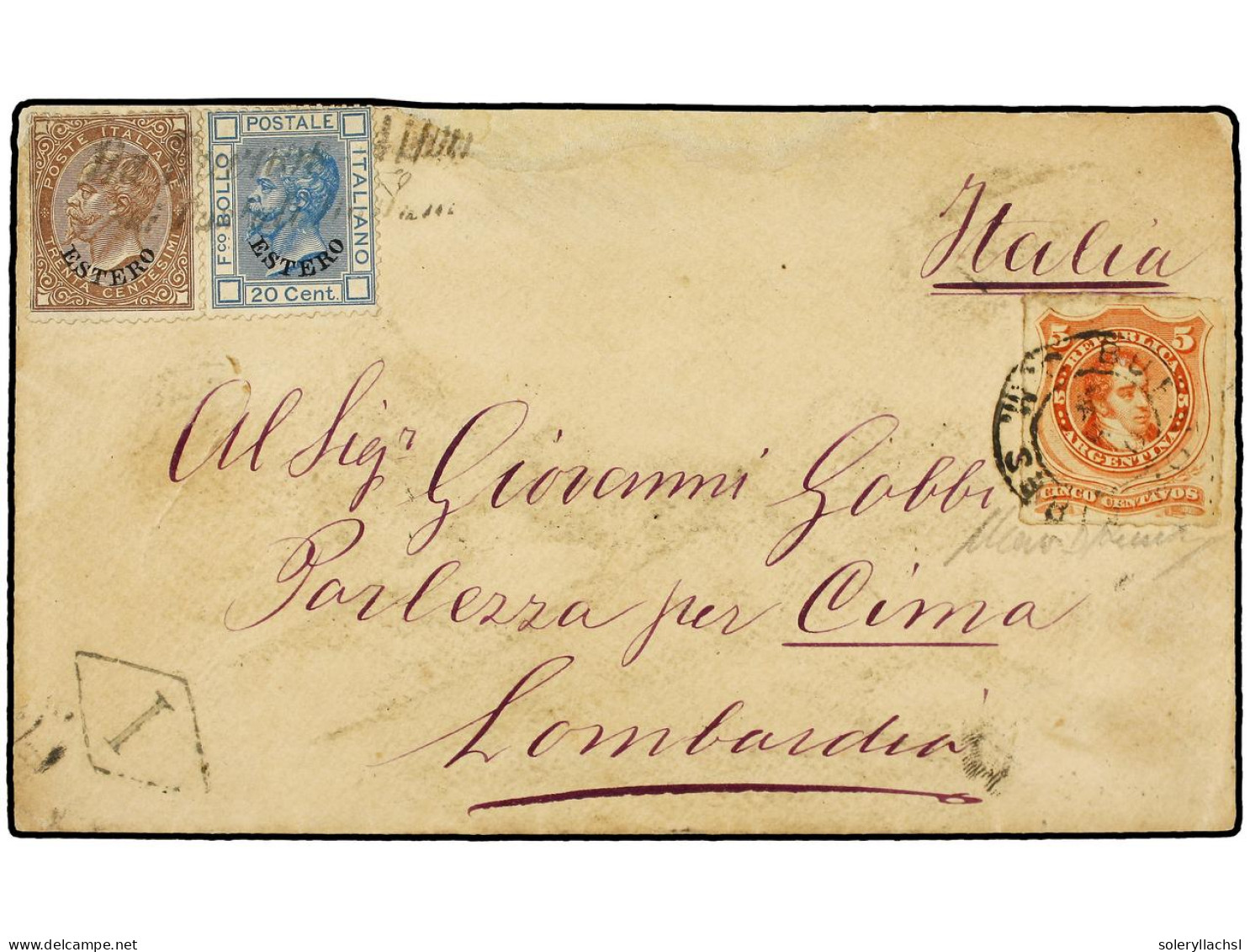 ARGENTINA. 1876 (8-Oct.). BUENOS AIRES A PORLEZZA (Italia). Sobre Circulado Con Sello Argentino De 5 Cts. Rojo Y Sellos  - Autres & Non Classés