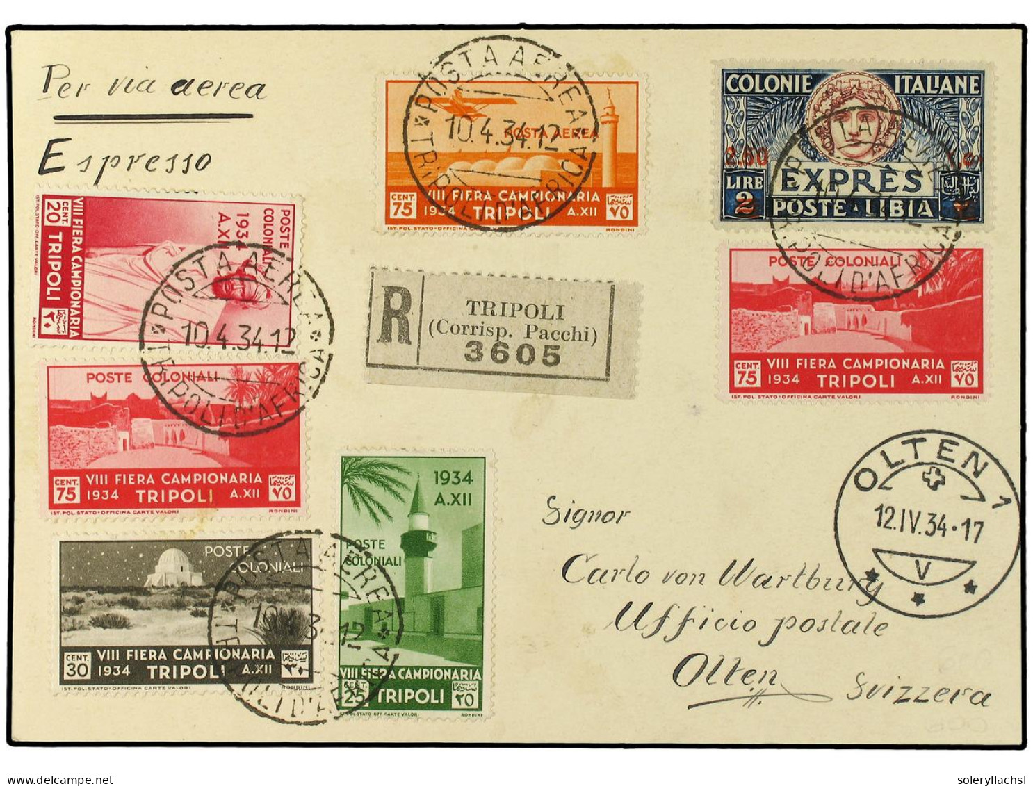 LIBIA. 1934. Express Airmail Card To Switzerland Franked By 2 L. 50 C. On 2 Lire Express Stamp And 1934 8th Fiera Campio - Sonstige & Ohne Zuordnung