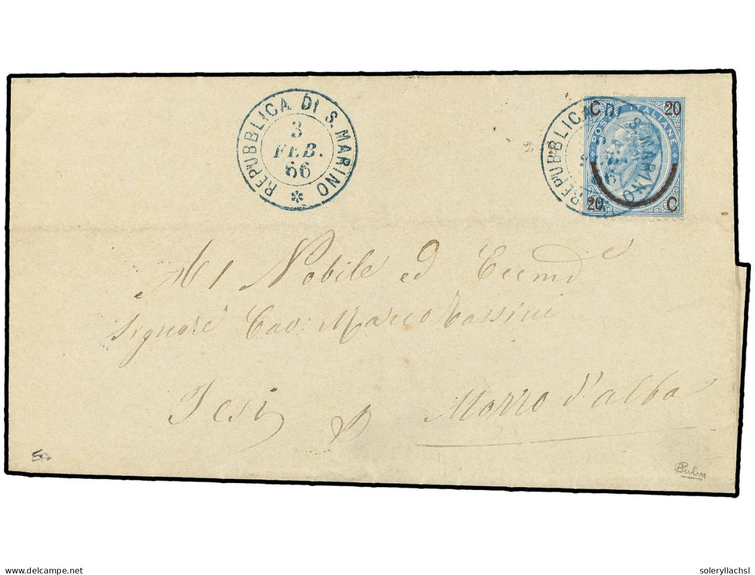 SAN MARINO. 1866 (Feb 3). Entire Letter Franked By Italy 1865 20c. On 15c. Blue Tied By Bold Strike Of REPUBLICA DI S. M - Sonstige & Ohne Zuordnung