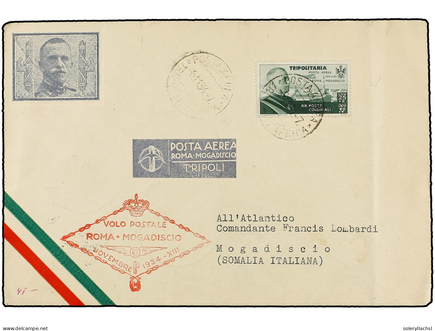 TRIPOLITANIA. 1934 (6-XI). TRIPOLI A MOGADISCIO. Circulada Con Sello De Tripolitania De 25 + 2 Liras Verde. Marca Del Vu - Sonstige & Ohne Zuordnung